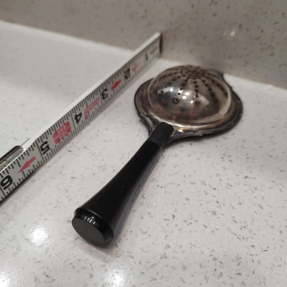 Silver Plated Tea Strainer Spoon Wooden Handle Ornate Mid Century Cottage Core